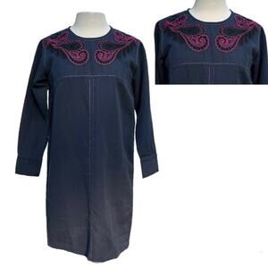NEW Acote Long Sleeve Navy Blue Tunic Shift Dress Pink Embroidery US Size 8